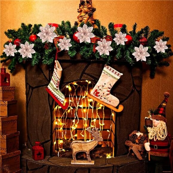 36 Pcs Artificial Poinsettia Flowers with Glitters Christmas Decors (Rose Gold) - Picture 7 of 7